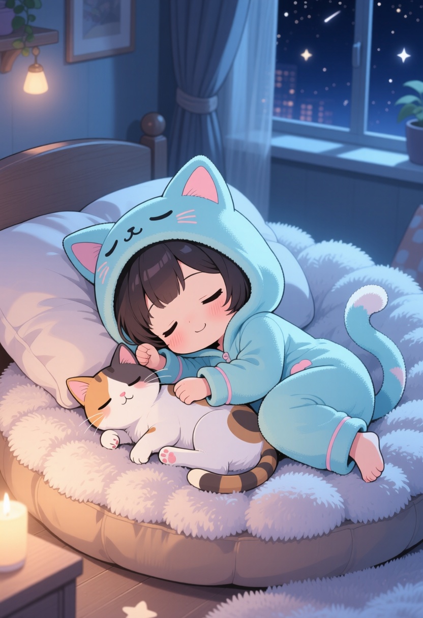top quality、anime style、masterpiece、deformed little character style、wearing pastel blue cat ear pajamas but、sleeping with...