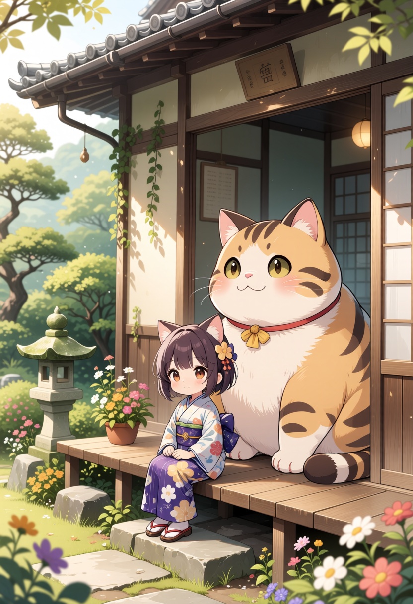 Japanese chibi anime,  the Japanese girl in kimono is sitting at the terrace of the traditional Japanese antique house,  w...