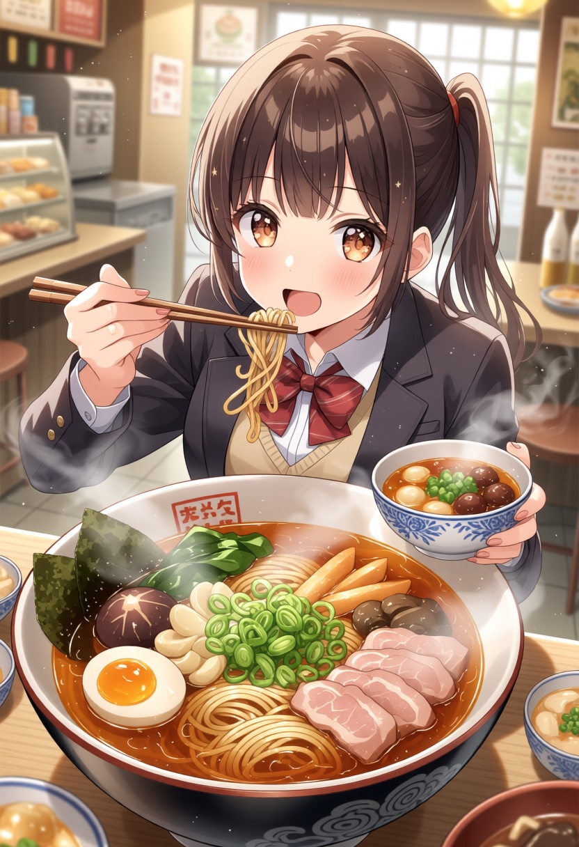 Hakata ramen（giant bowl、Lots of steam、High school girl with lots of ingredients、Cloudy Soup、The interior of the store with...