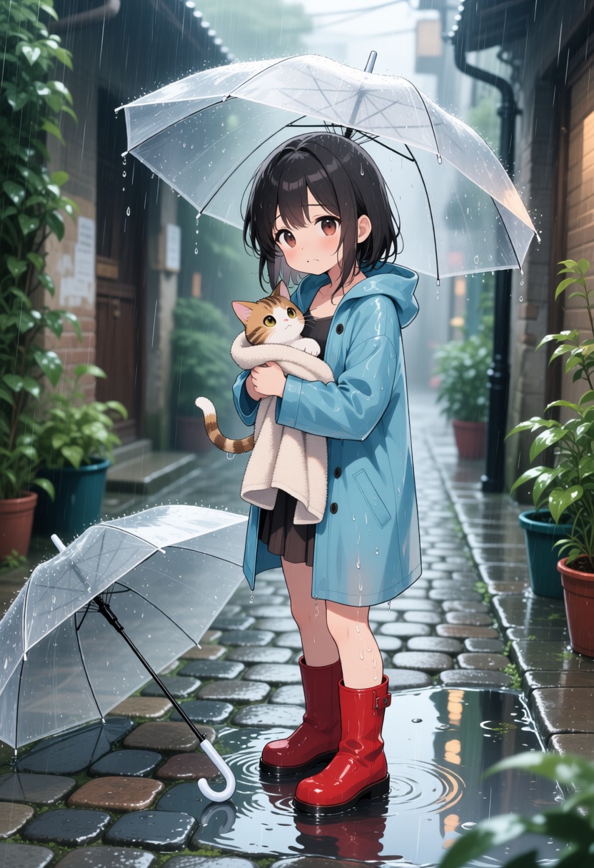 top quality、anime style、masterpiece、Deformed little character style、in a cobblestone alley after the rain、pick up a wet ki...
