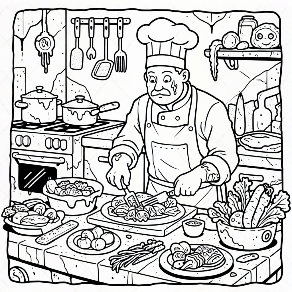 C0l0r,  coloring book page,  post-apocalyptic chef crafting meals from mutated ingredients on Tensor.Art
