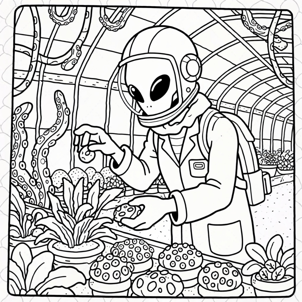 C0l0r,  coloring book page,  alien botanist tending glowing extraterrestrial plants on Tensor.Art