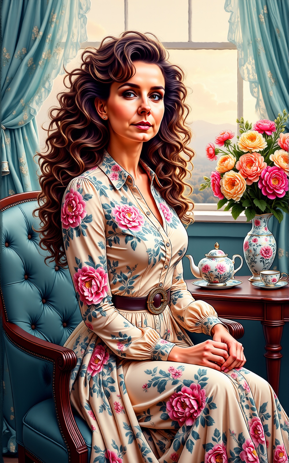 The image depicts a woman with long,  curly brown hair sitting in a comfortable chair. She is wearing a light-colored blou...