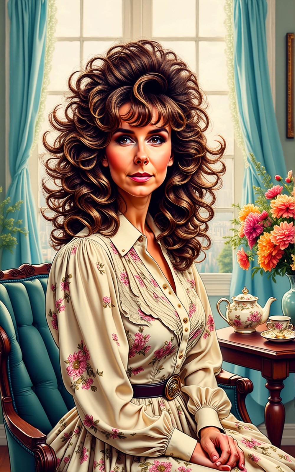 The image depicts a woman with brown voluminous,  shoulder-length curly hair in a tousled,  feathered perm style on Tensor...