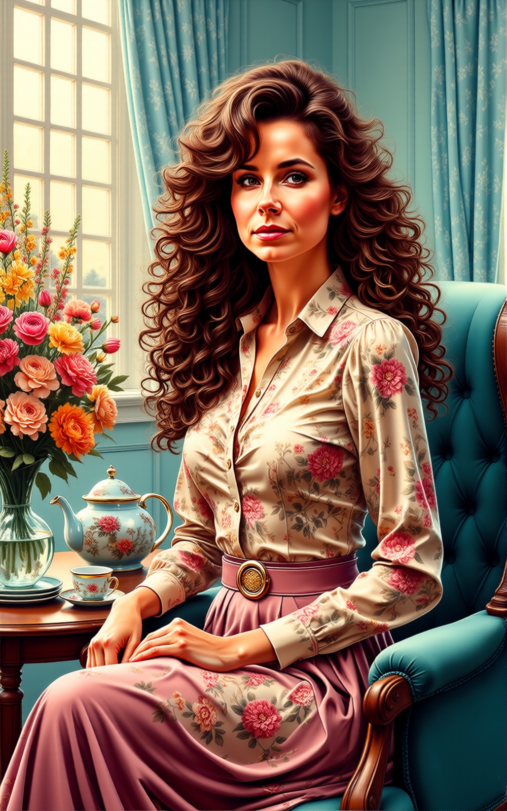 The image depicts a woman with long,  curly brown hair sitting in a comfortable chair. She is wearing a light-colored blou...