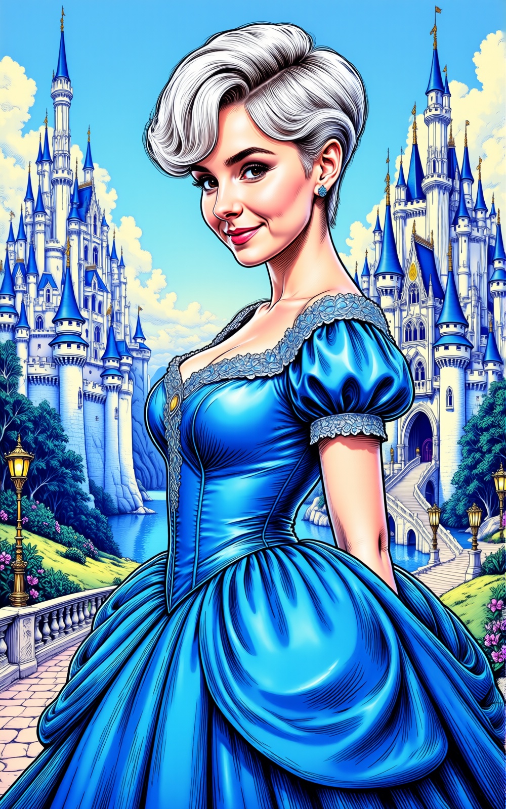 A amazing digital Artgerm masterpiece. Color Ink line painting of A princess in front of her castle,  very short white tap...