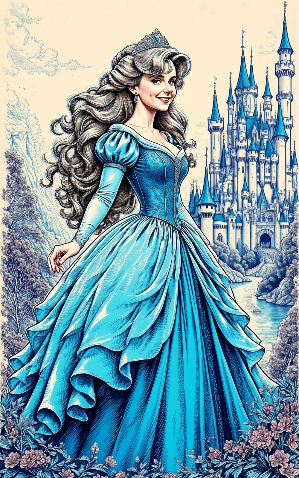 A amazing digital Artgerm masterpiece. Color Ink line painting of A princess in front of her castle,  long wavy hair,  gen...