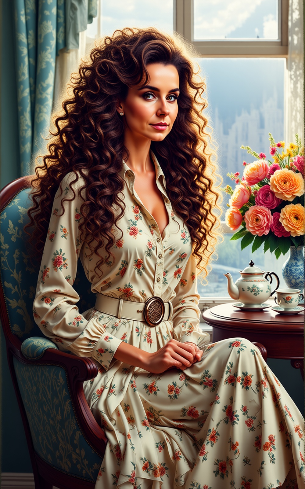 The image depicts a woman with long,  curly brown hair sitting in a comfortable chair. She is wearing a light-colored blou...