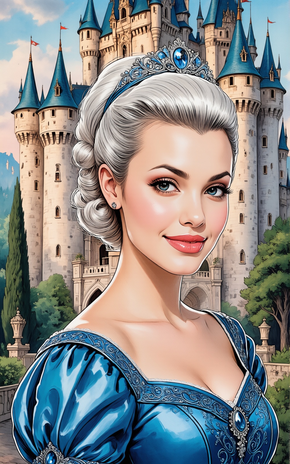 A amazing digital Artgerm masterpiece. Color Ink line painting of A princess in front of her castle,  very short white tap...