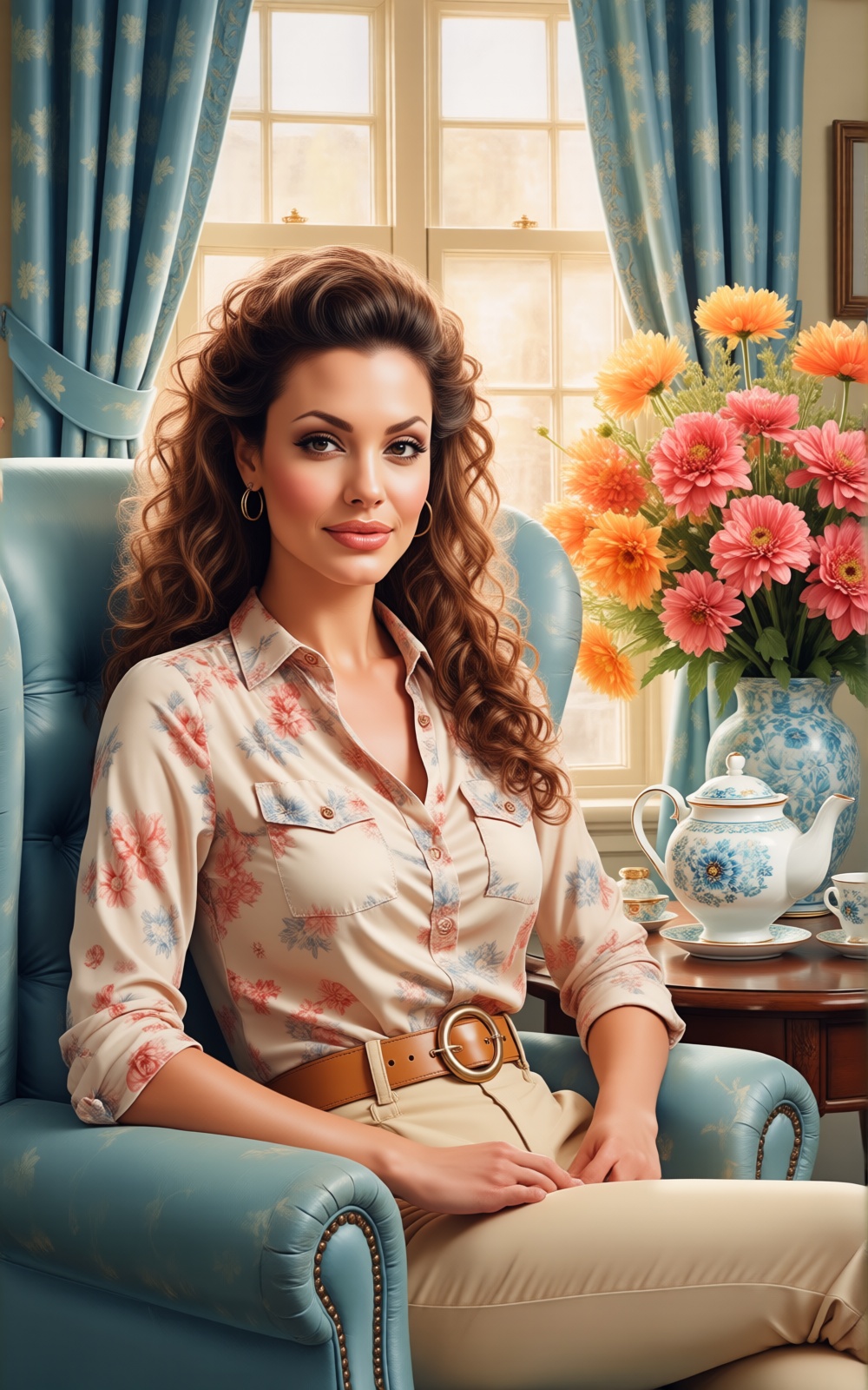 The image depicts a woman with long,  curly brown hair sitting in a comfortable chair. She is wearing a light-colored blou...