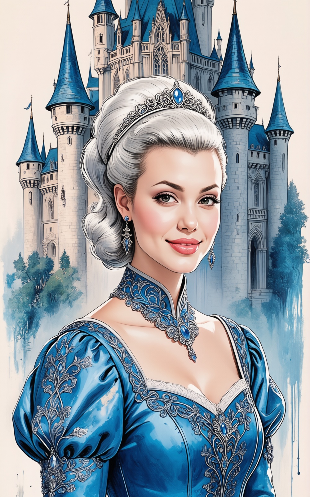 A amazing digital Artgerm masterpiece. Color Ink line painting of A princess in front of her castle,  very short white tap...