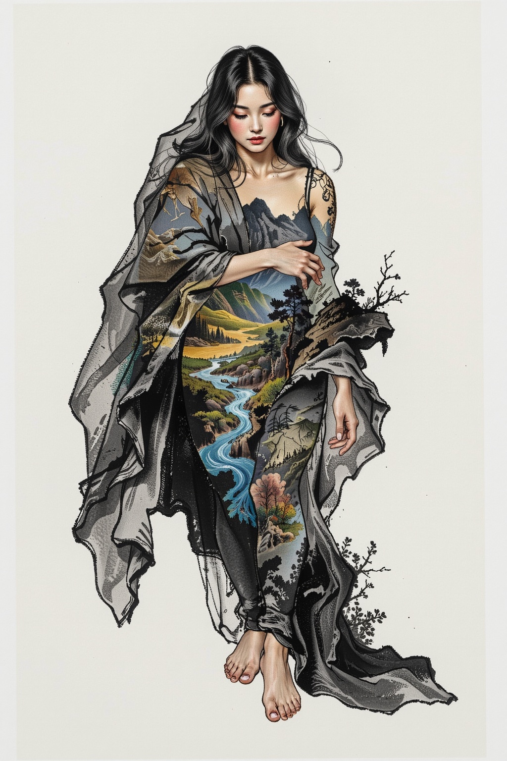 ©AsaCHEN長志 Surreal digital illustration painting in the style of Asa CHEN,  Mystical beauty stands barefoot,  shrouded in...