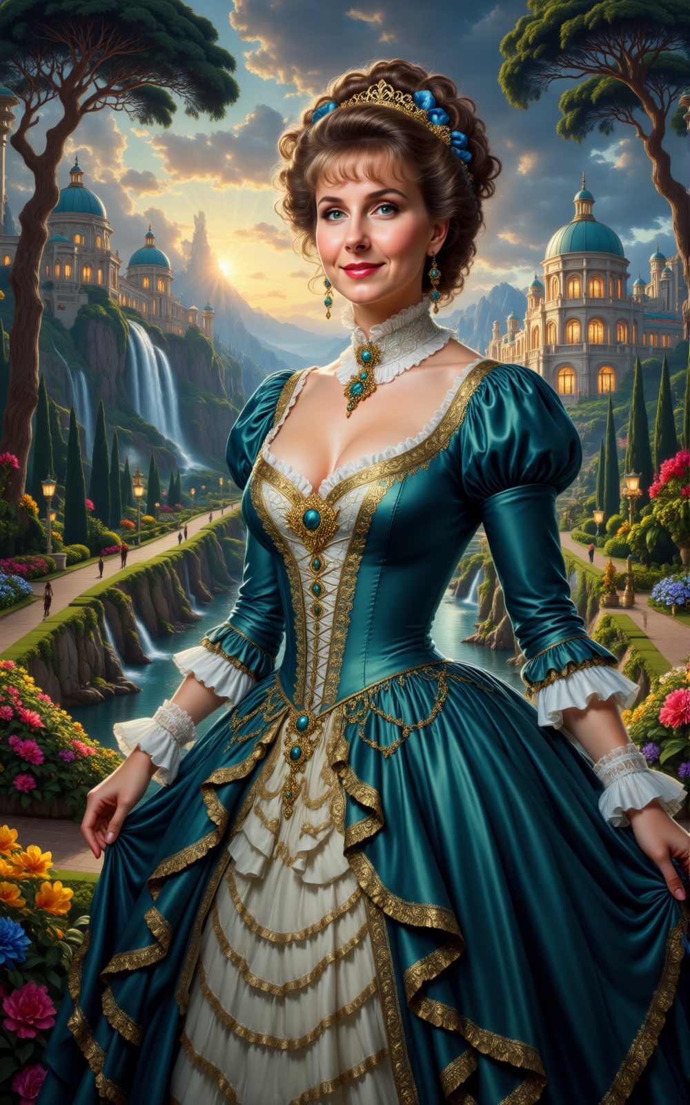 A magnificently adorned woman with victorian-inspired attire,  clear and detailed blue green eyes and face,  full body por...