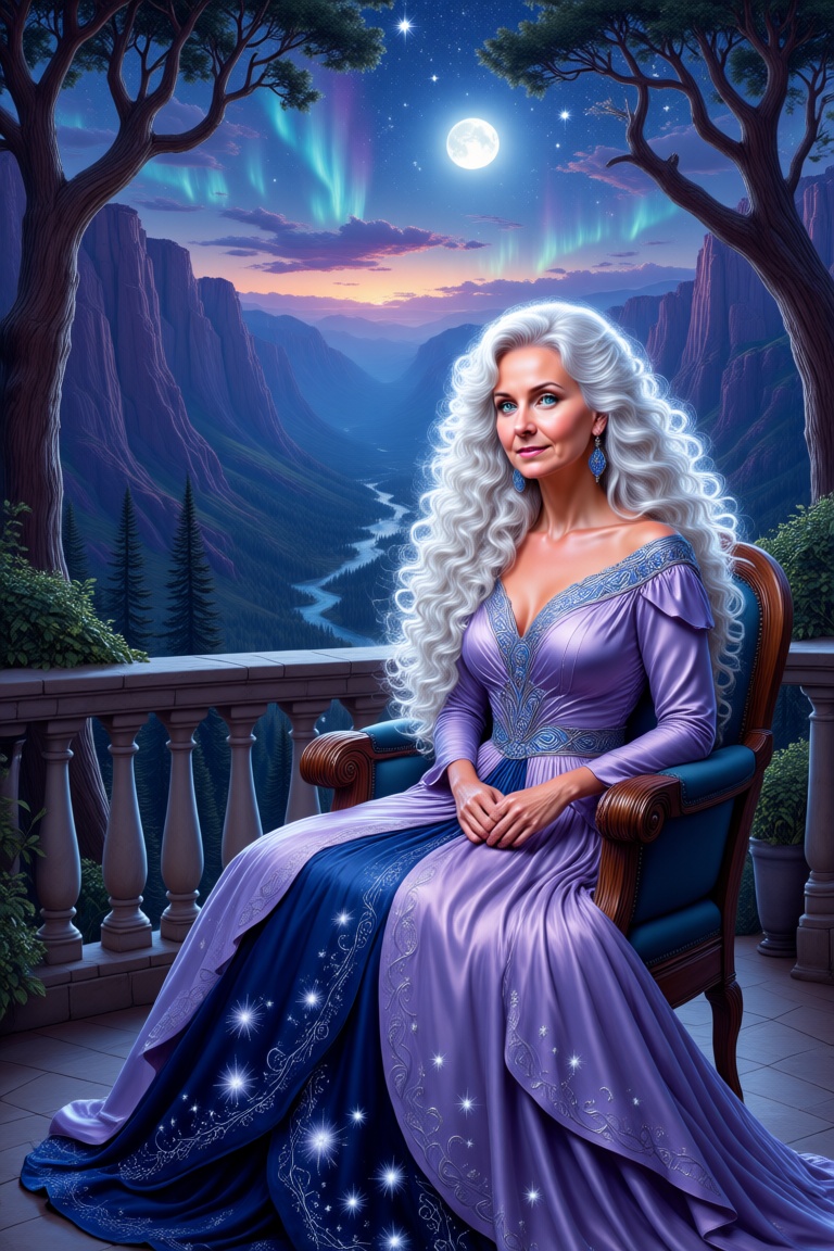 A serene,  ethereal woman with white long,  curly hair sitting in a comfortable chair on Tensor.Art