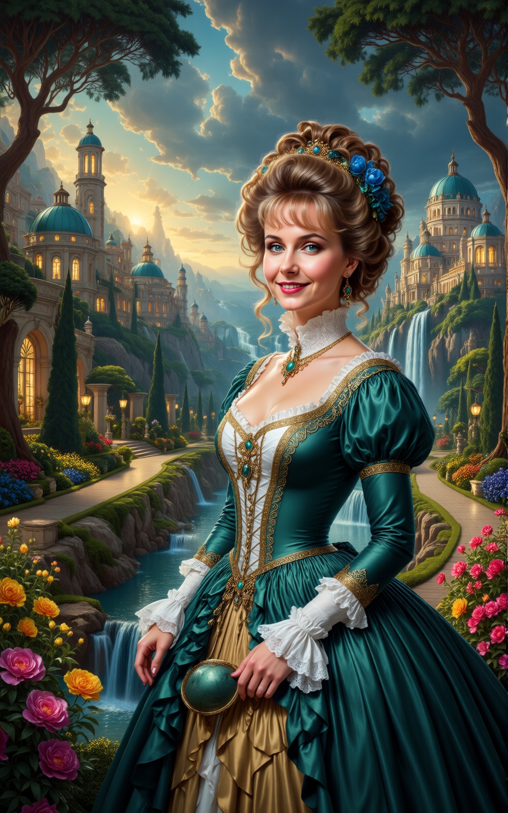 A magnificently adorned woman with victorian-inspired attire,  clear and detailed blue green eyes and face,  full body por...