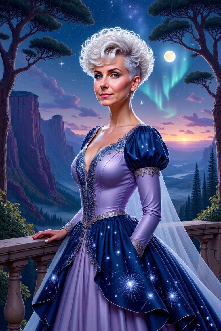 A serene,  ethereal woman with very short white tapper fade styled pixie hair,  short over ears and on nape on Tensor.Art