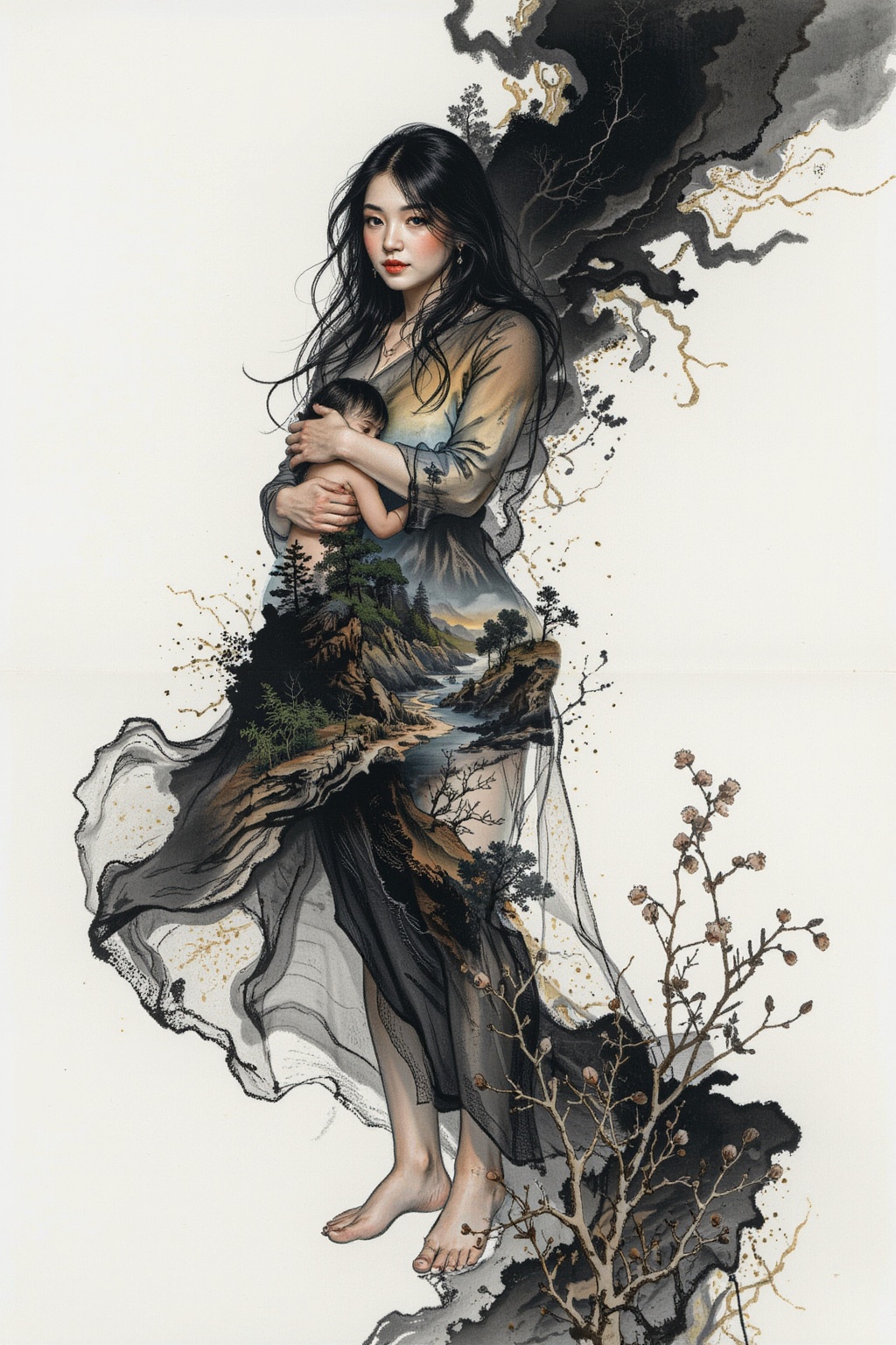 ©AsaCHEN長志 Surreal digital illustration painting in the style of Asa CHEN,  Mystical beauty stands barefoot,  shrouded in...