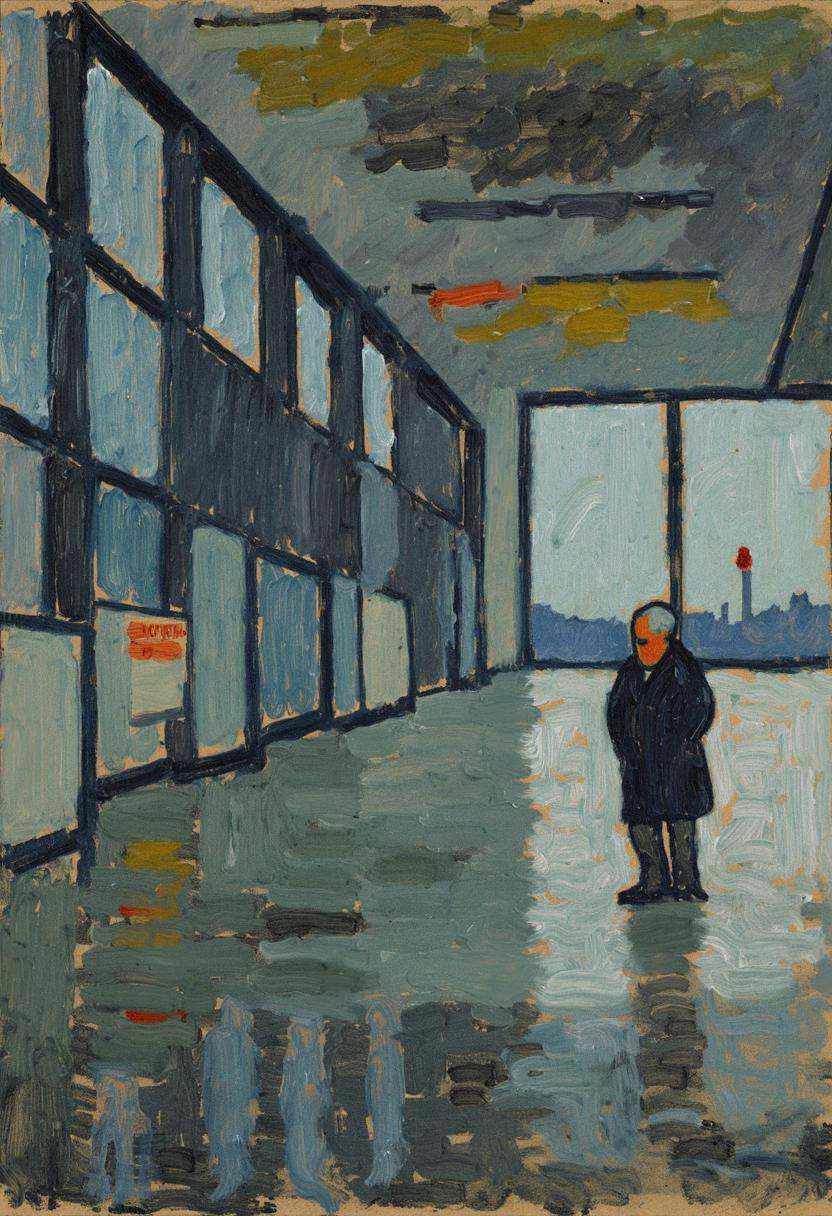 { "T5": "A vast,  desolate airport terminal rendered in the style of Alexej von Jawlensky. The scene is dominated by bruta...