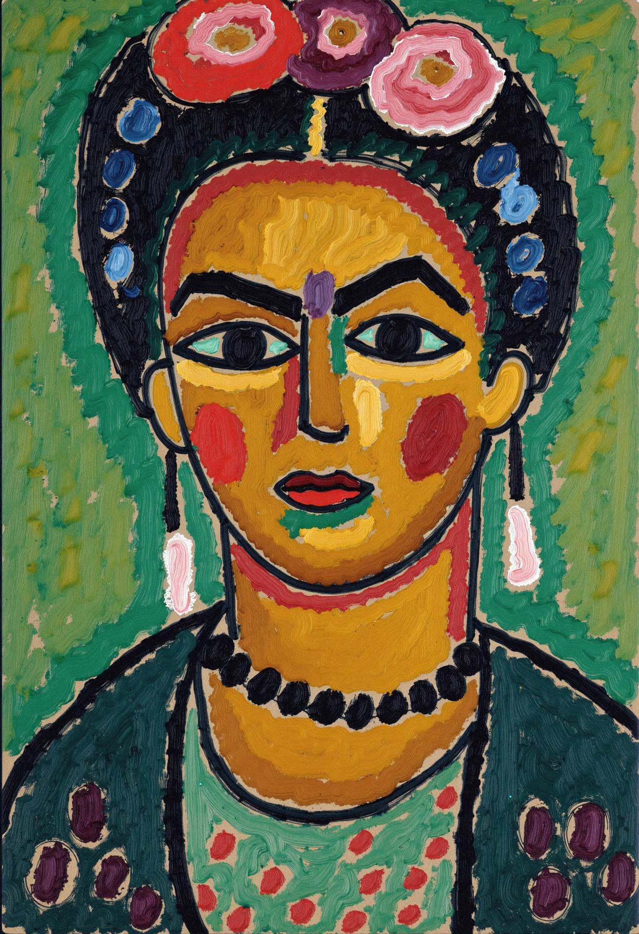 jwlnsk,  striking portrait of Frida Kahlo with her signature eyebrows and floral crown,  expressive planes of deep emerald...
