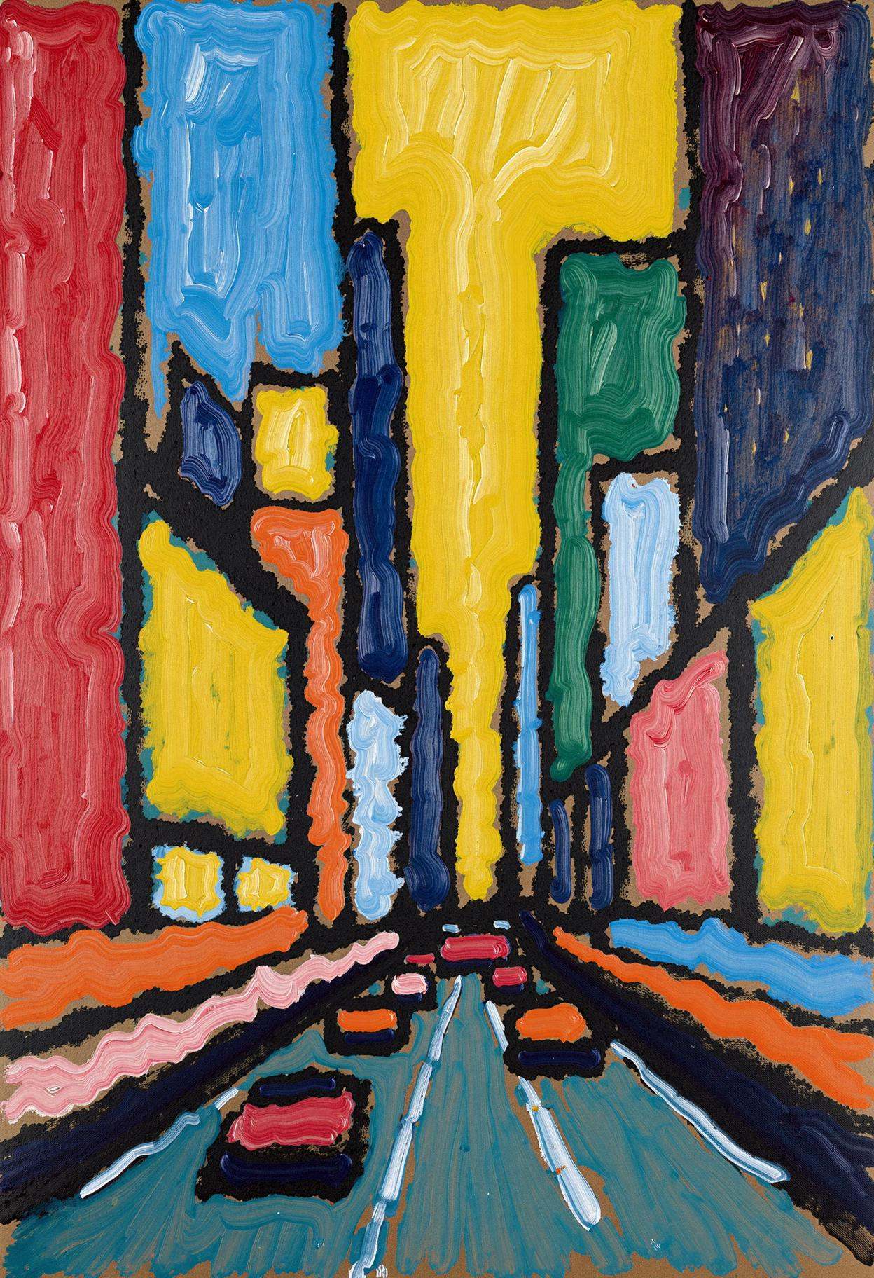 jwlnsk,  stylized urban scene of Times Square,  bright neon-like strokes of red on Tensor.Art