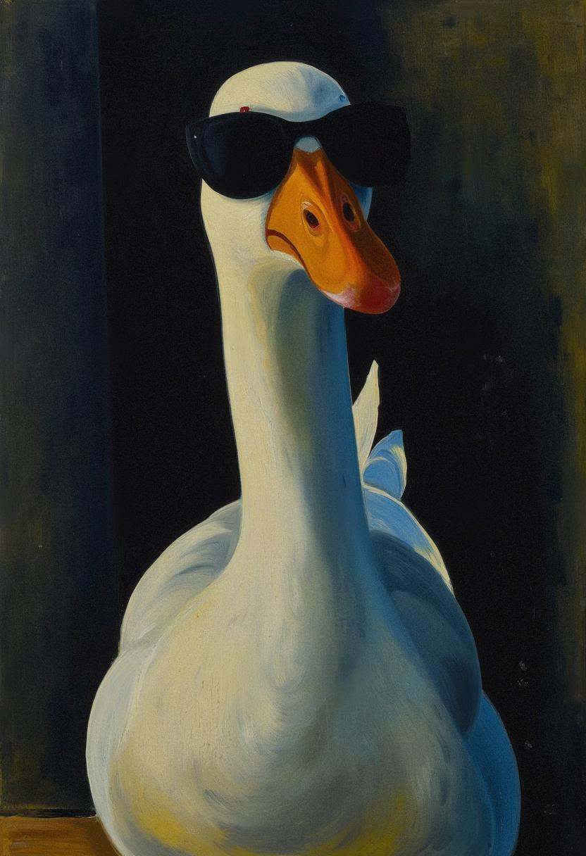 kslng,  a portrait of an evil goose wearing dark sunglasses,  its long neck elegantly curved on Tensor.Art