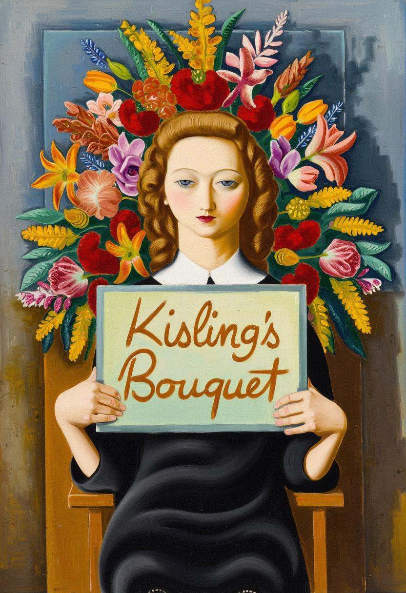 kslng,  a beautiful French woman holding a large hand-painted sign that reads "Kisling's Bouquet,  " the oversized sign re...