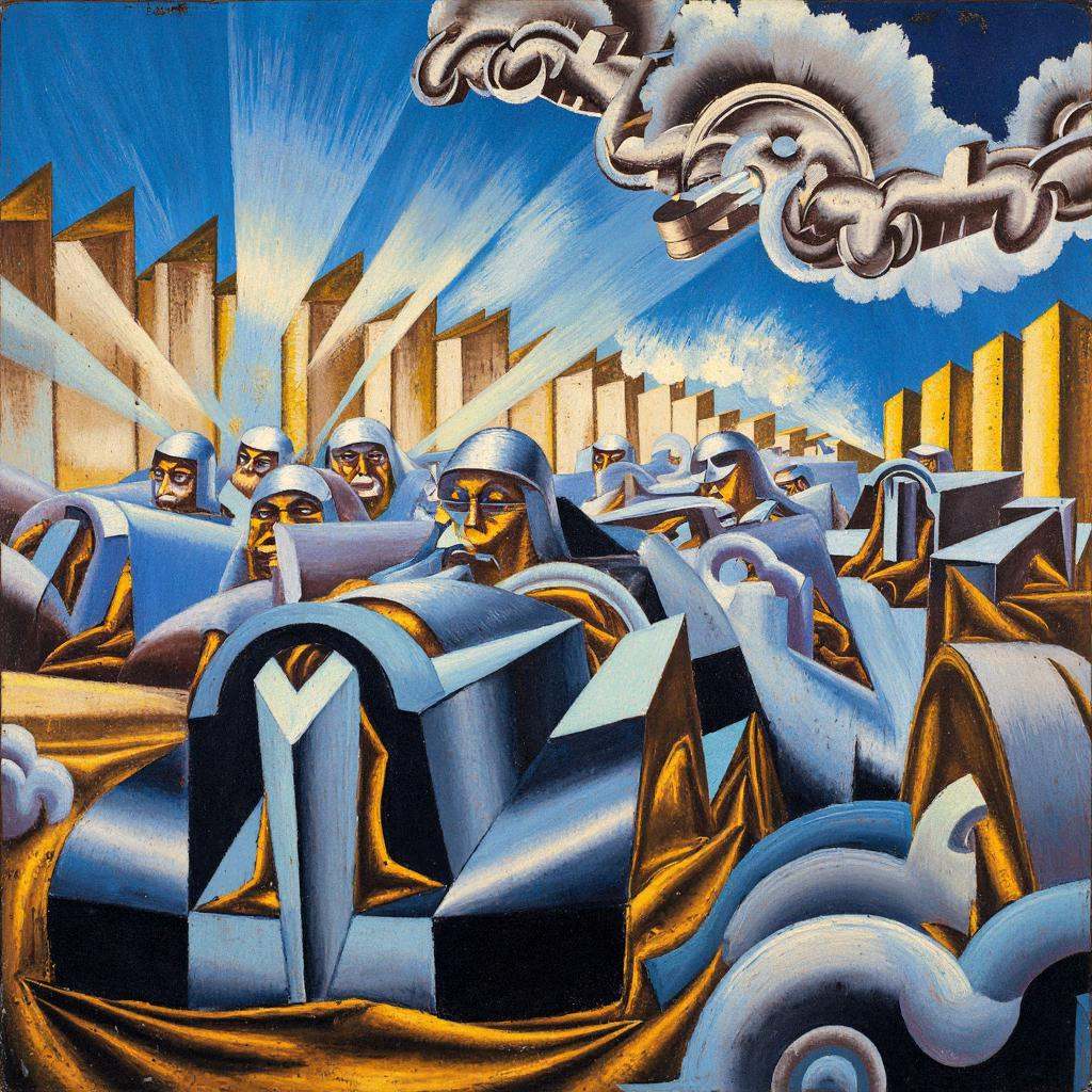 dynms,  high-octane car race erupting across a kaleidoscopic track,  metallic vehicles slicing through fragmented space wi...