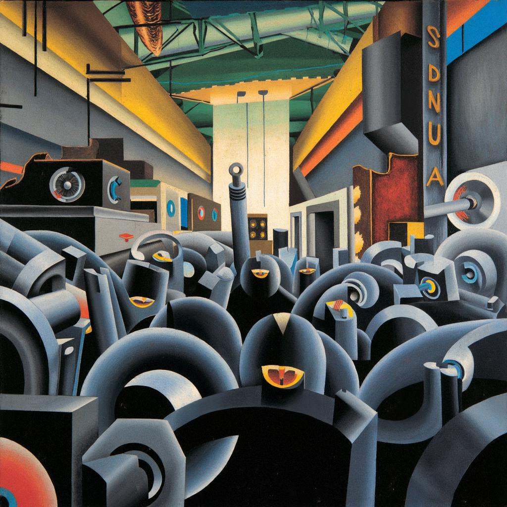dynms,  a crowd in a factory setting,  sharp-edged geometric forms on Tensor.Art