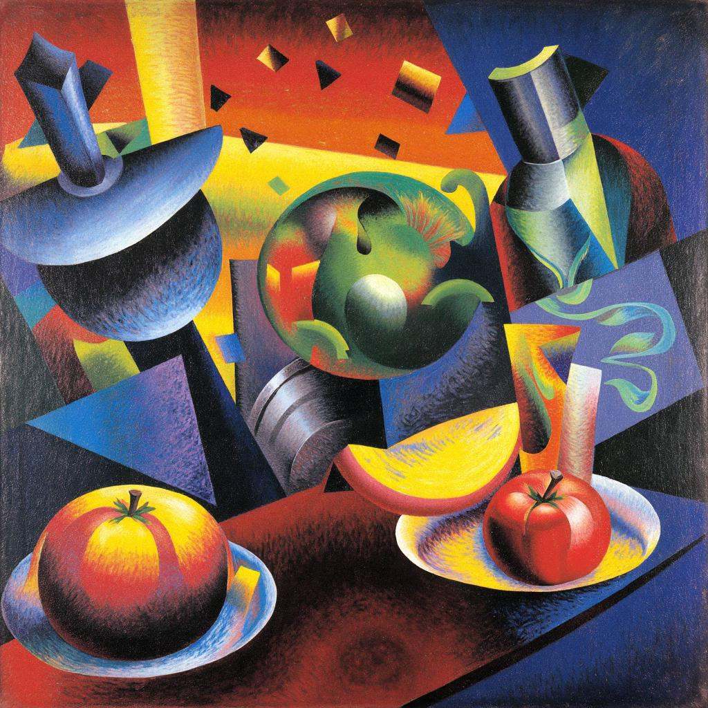 dynms,  a still life of fruit and a wine bottle,  fragmented and angular on Tensor.Art