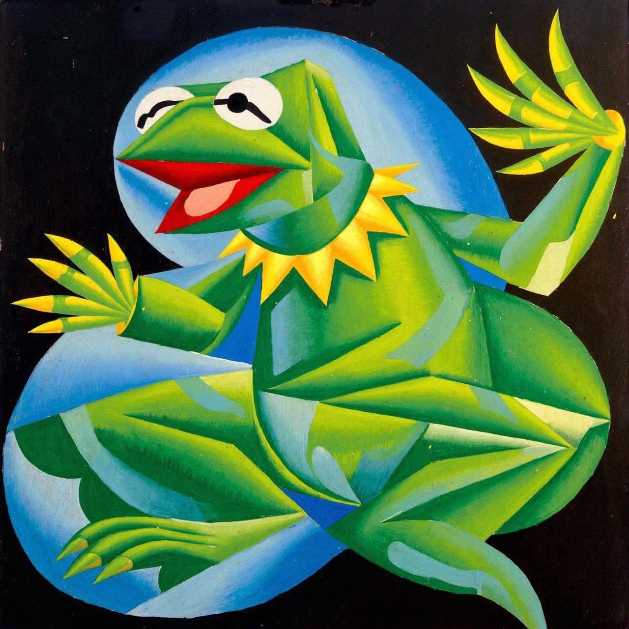 dynms,  Kermit the Frog in a state of rapid transformation,  his form shattering into geometric shards on Tensor.Art