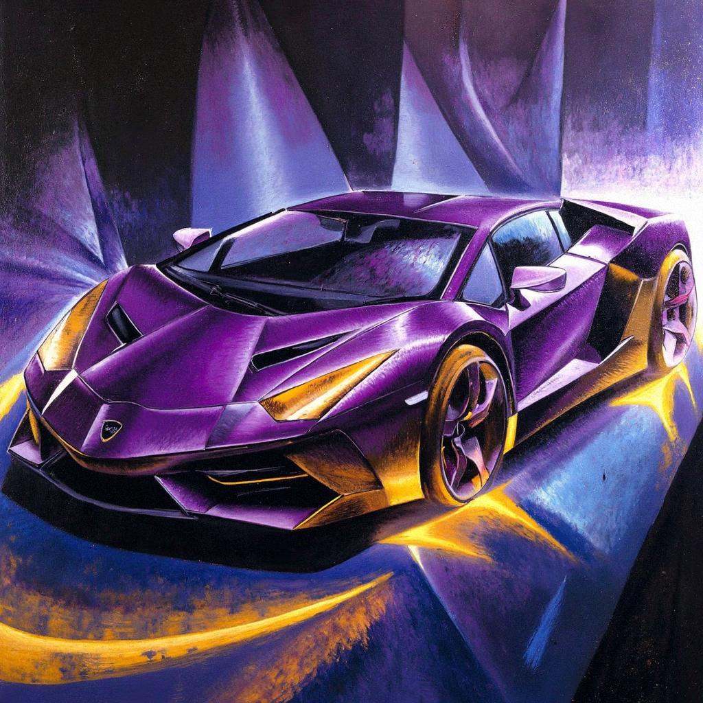 dynms,  A sleek Lamborghini rendered in a dazzling interplay of purple and gold,  its aerodynamic form slicing through the...