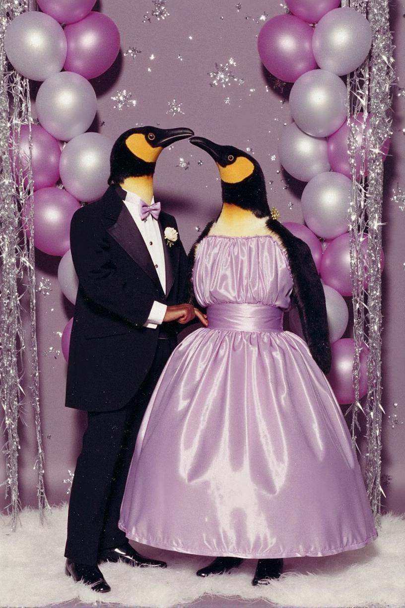 prom photo,  two penguins dressed in formalwear,  one in a tuxedo and the other in a puffy lavender gown on Tensor.Art