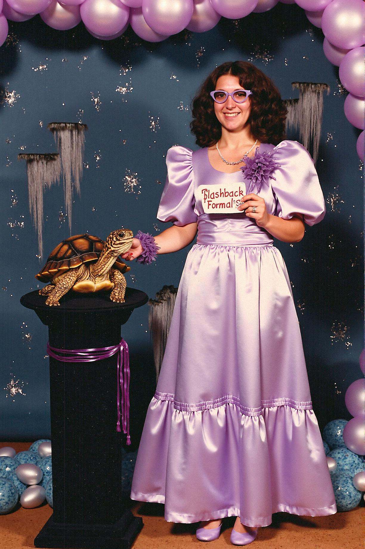 prom photo,  nerdy woman in a lavender satin prom dress with puffed sleeves,  oversized glasses and braces on Tensor.Art