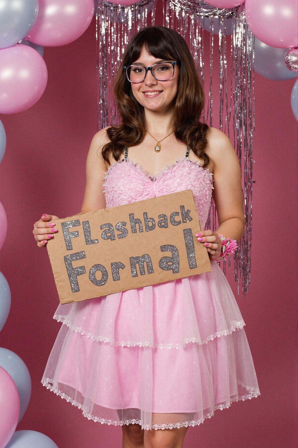 prom photo,  close-up portrait of a shy nerdy woman in a frilly pink prom dress,  big 1980s glasses on Tensor.Art