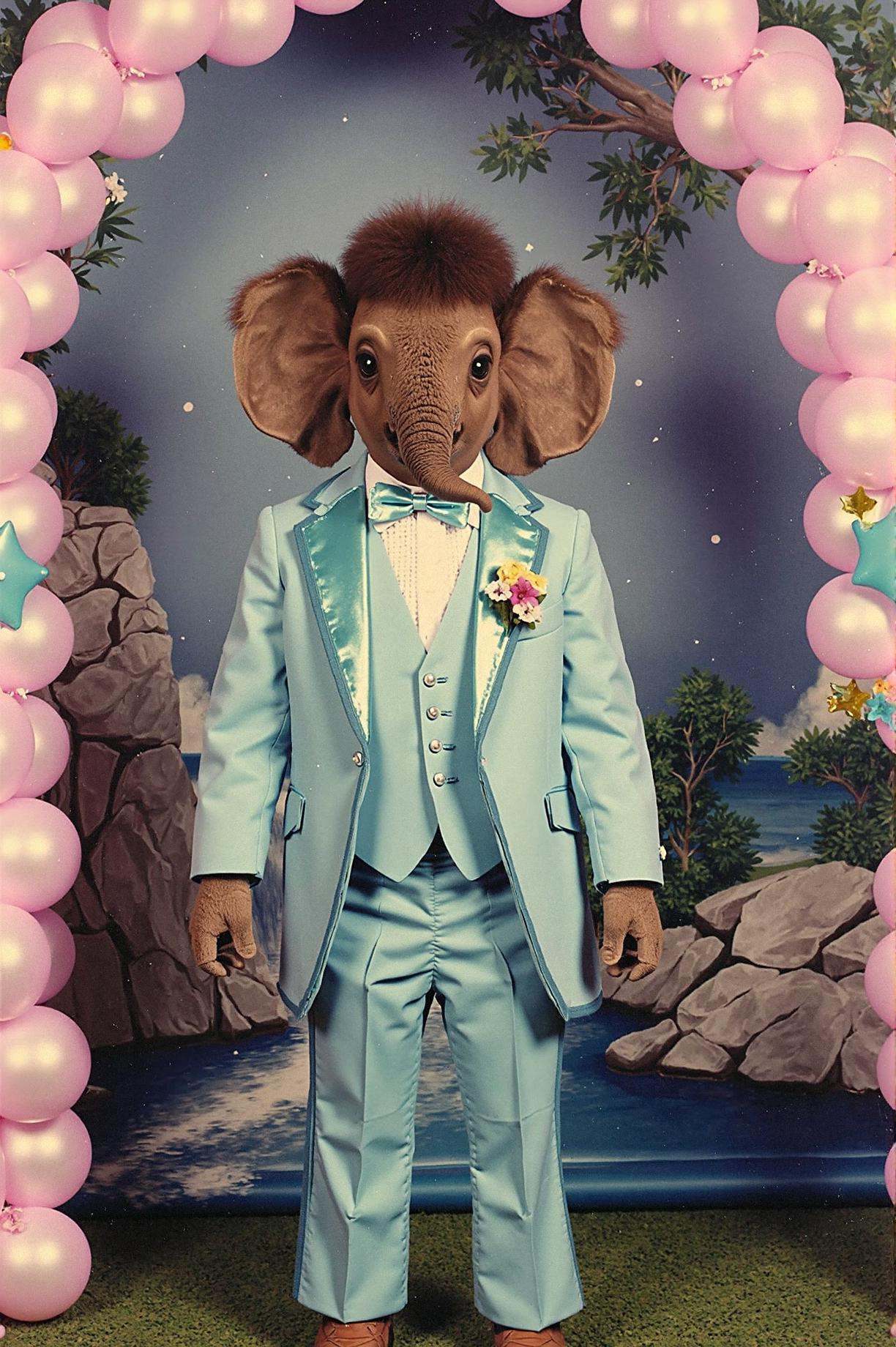 prom photo,  small elephant calf dressed in a powder blue tuxedo with an oversized bowtie and boutonniere,  trunk curled n...