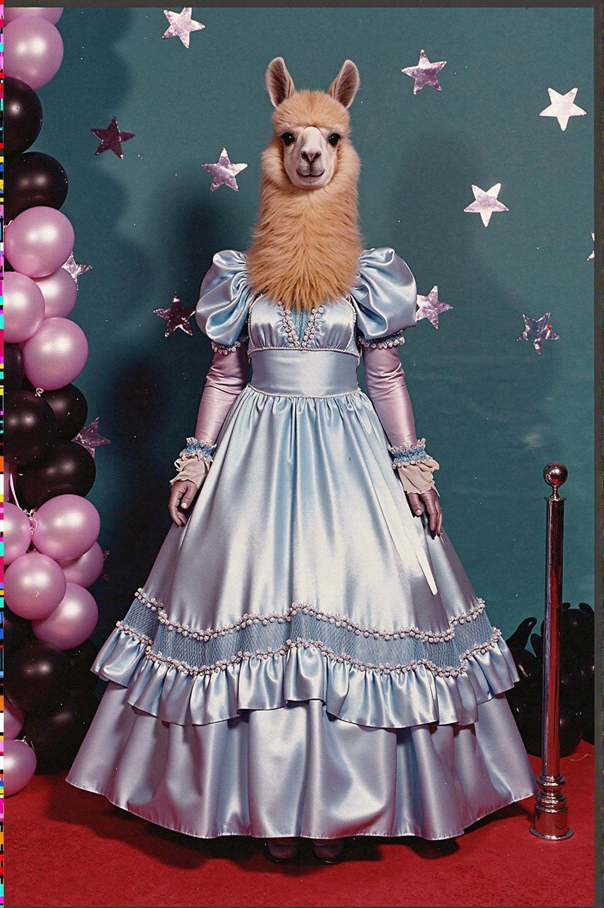 prom photo,  tall llama wearing a pastel blue satin prom gown with puffed sleeves and a pearl necklace,  standing awkwardl...