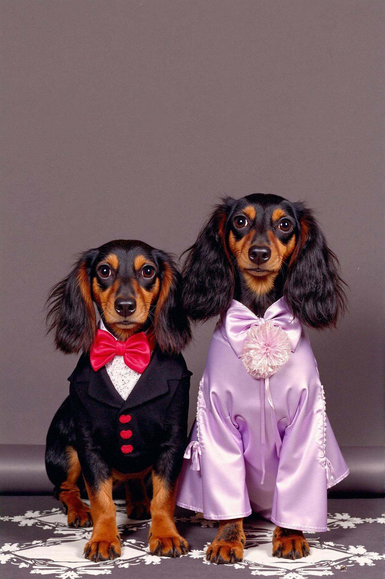 prom photo,  two dachshunds dressed for prom,  one in a tiny black tuxedo with red bowtie on Tensor.Art