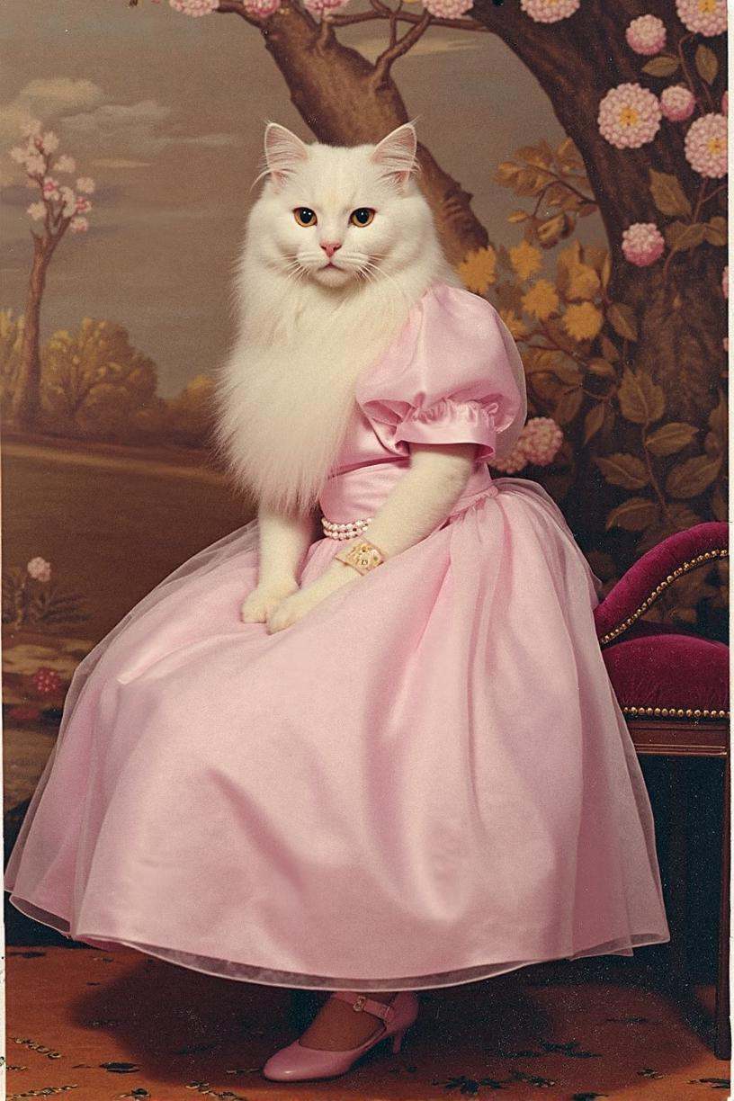 prom photo,  long-haired white cat wearing a pastel pink tulle prom dress with puffed sleeves and pearl necklace,  sitting...