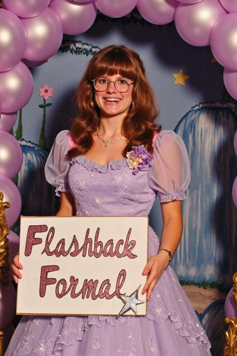 prom,  close-up studio portrait of a beautiful nerdy woman with feathered 1980s hair,  large round glasses on Tensor.Art