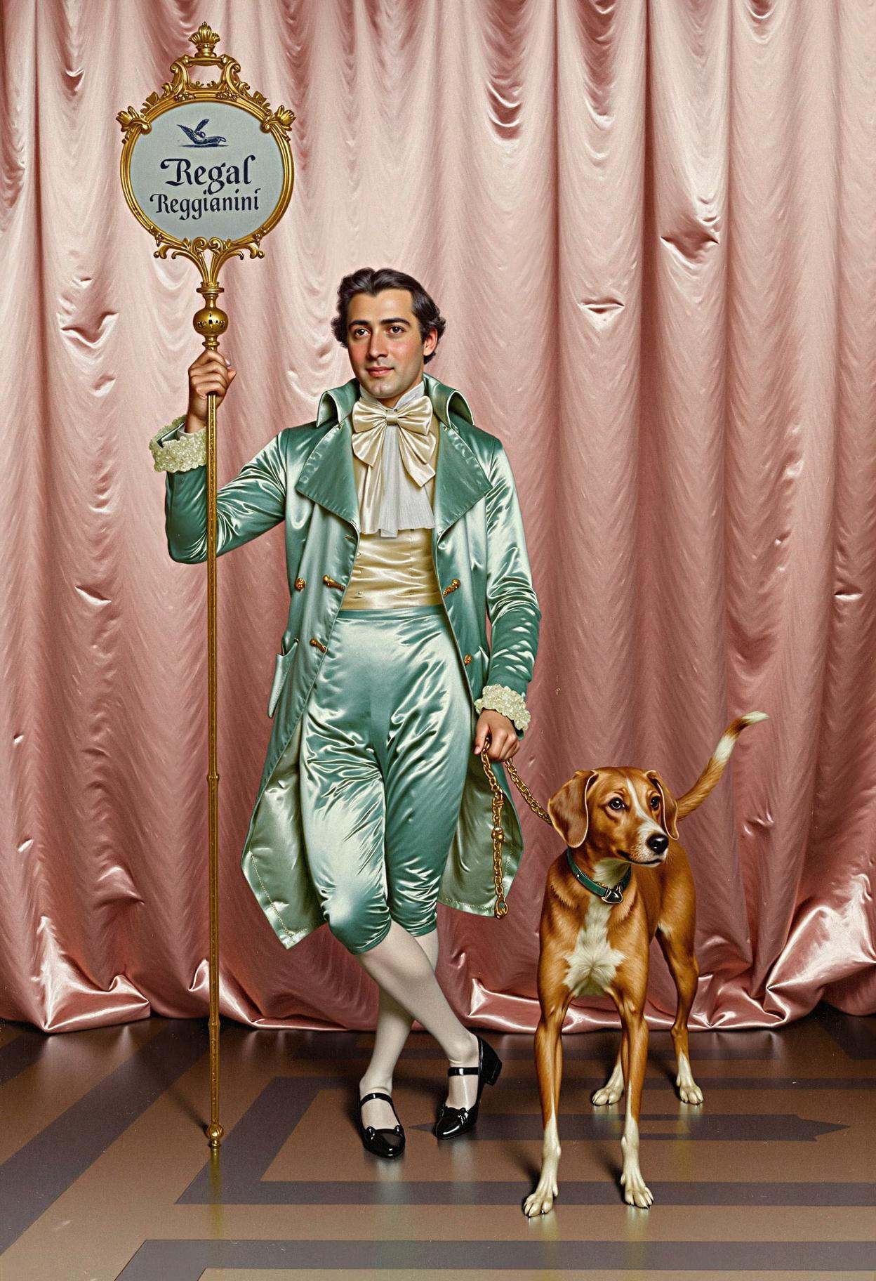 rgnn,  an man in a fancy silk suit holding a sign that says "Regal Reggianini" with a hound dog standing next to him on Te...