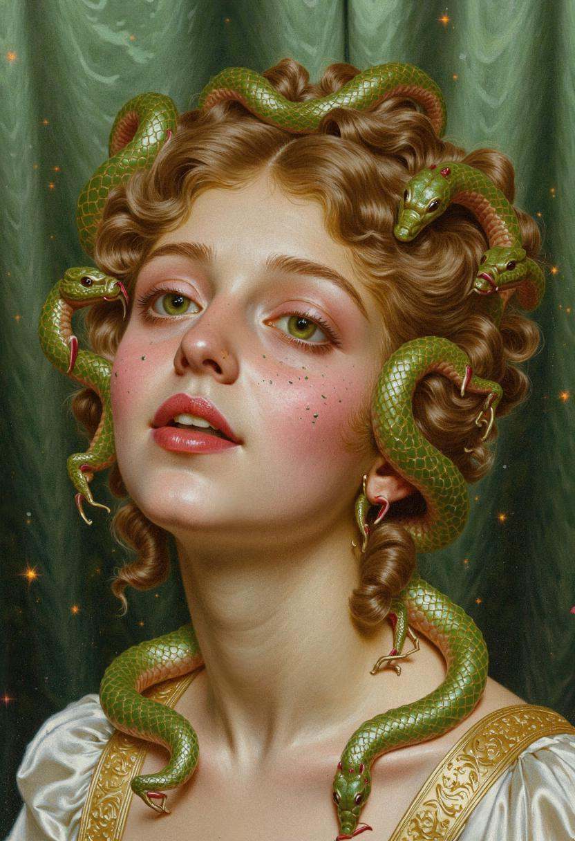 rgnn,  A close-up of a part-Medusa's face,  her beauty impossibly captivating yet laced with an air of peril. Her smooth o...