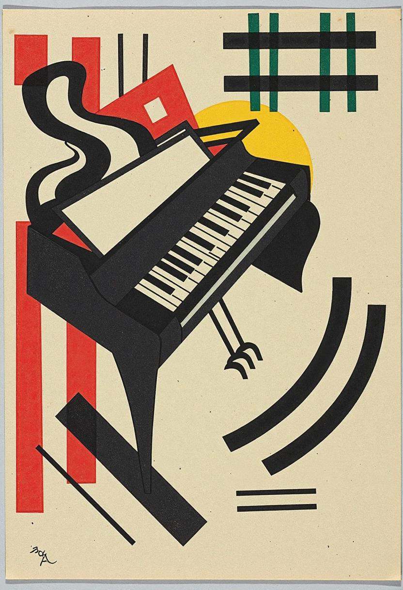 kndsk,  a grand piano reduced to sharp-edged forms,  its keys forming bold black-and-white rectangles on Tensor.Art