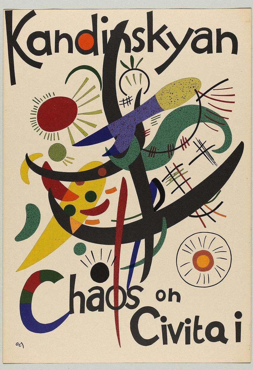 abstract design with the text "Kandinskyan Chaos on Civitai" written over it in a stylized font on Tensor.Art