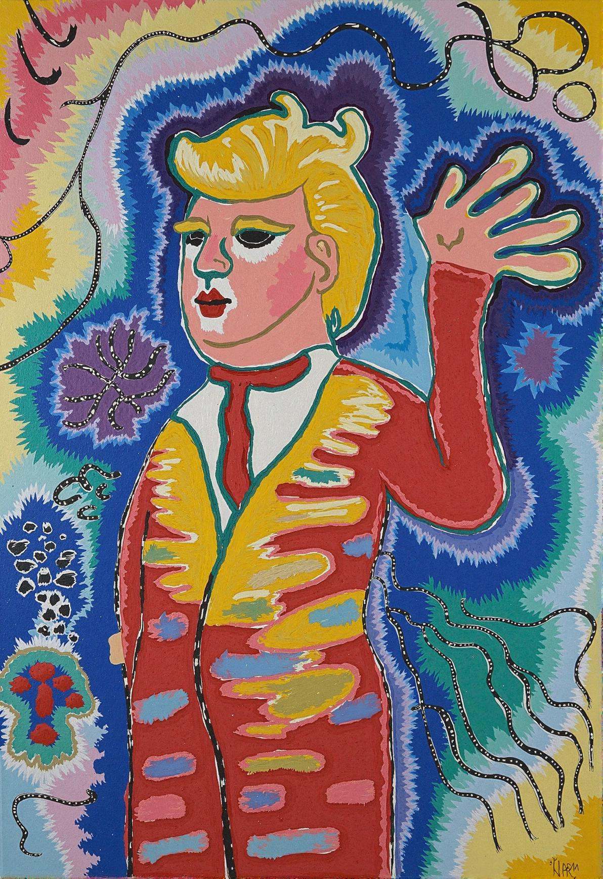 kndsk,  Donald Trump’s essence flows through the canvas,  his figure enveloped in a cascade of vibrant colors—fiery reds a...