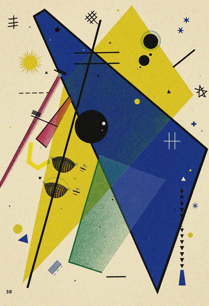 kndsk,  pure joy crystallized into bold intersecting forms,  jagged triangles of electric yellow and deep blue clashing in...