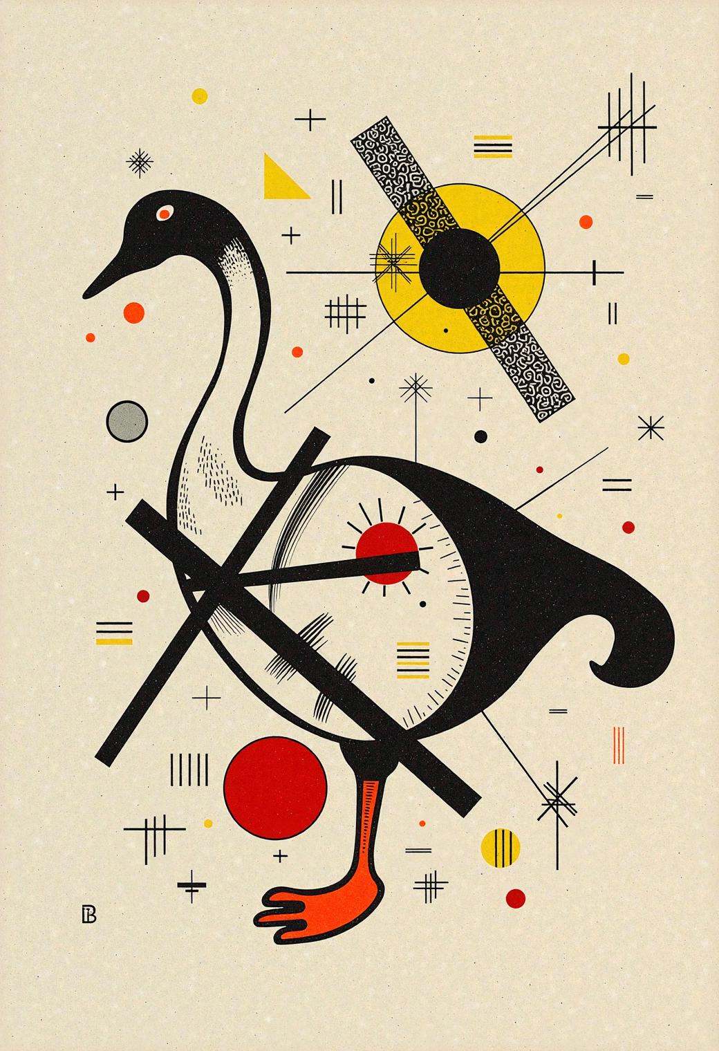 kndsk,  a goose deconstructed into bold geometric forms,  its body fragmented into sharp angular shapes on Tensor.Art