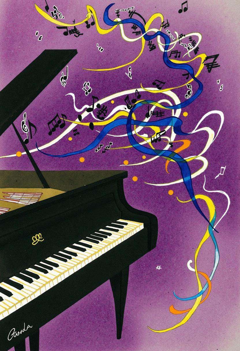 kndsk,  a grand piano dissolving into waves of sound,  curving ribbons of deep purple and luminous gold flowing from the k...