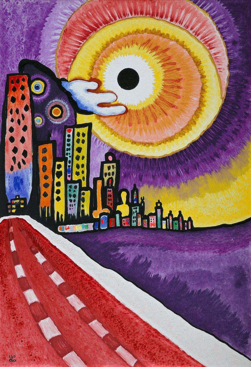 kndsk,  a city skyline at sunset dissolving into fluid waves of color,  buildings stretching into streaks of golden light...