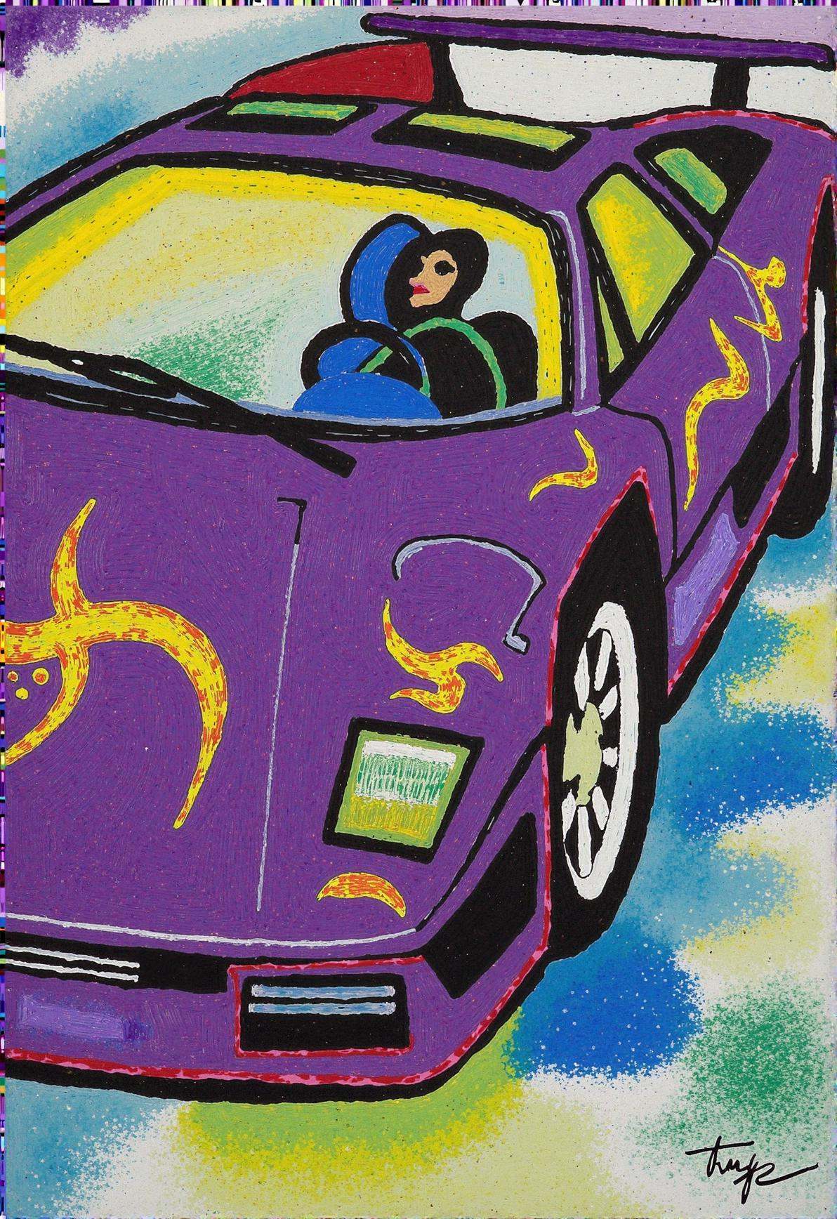 kndsk,  kandinsky style detailed painting of a beautiful purple and gold Lamborghini on Tensor.Art