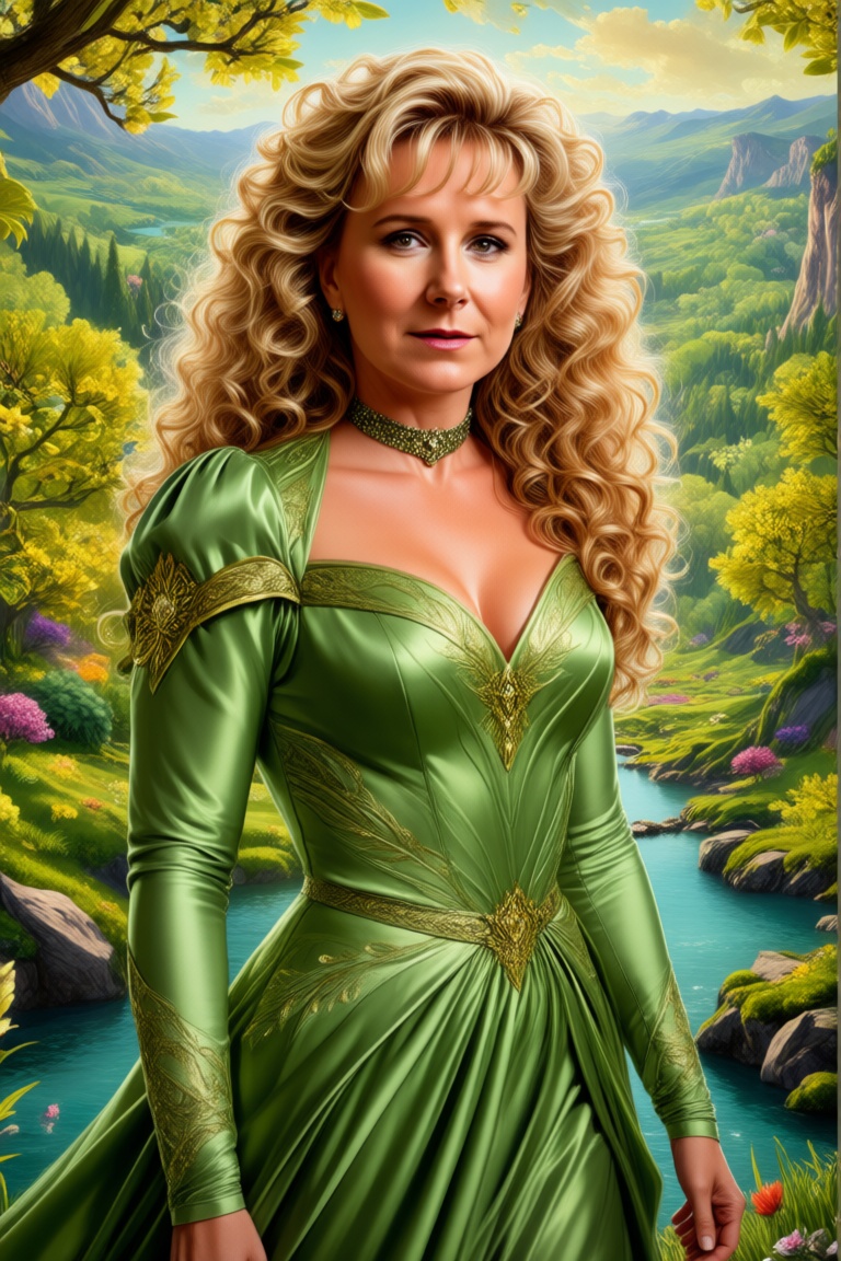 Flora Aurora,  Portrait of handsome Goddess with long blonde curly hair,  looks like a fusion of Olivia Newton-John and Ev...